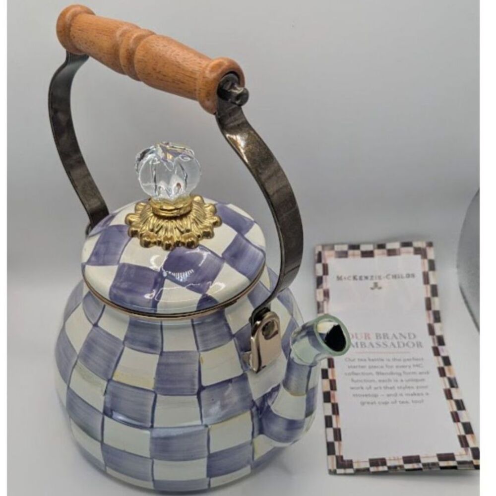 MacKenzie-Childs Collectible Violet Check 2Qt Enamel Tea Kettle Open Box NIB